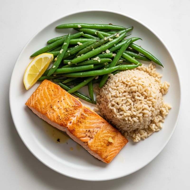 Seared Salmon with Garlic Green Beans and Brown Rice