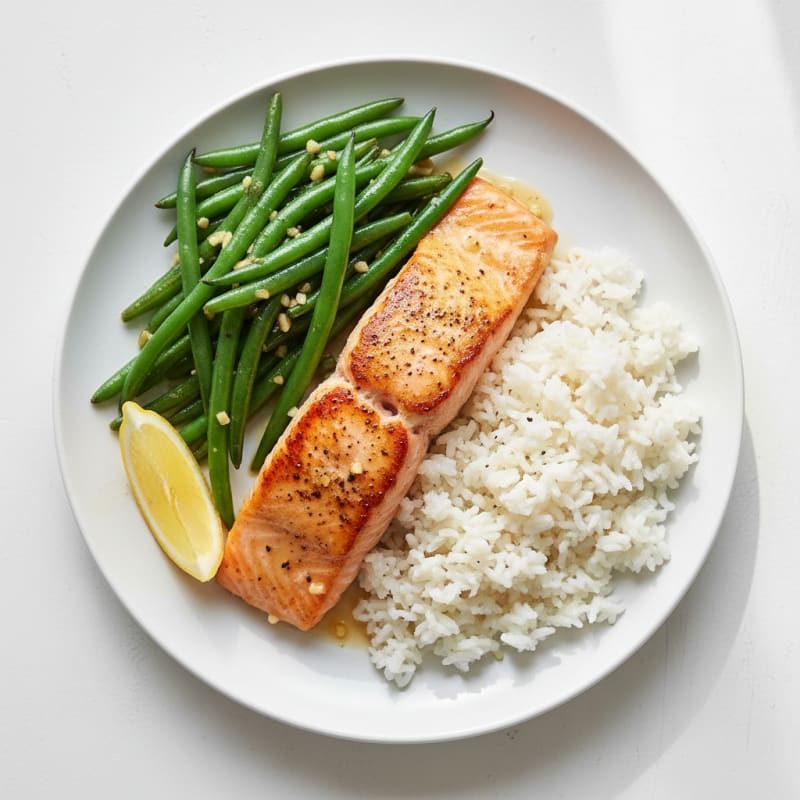 Seared Salmon with Garlic Green Beans and Steamed Rice