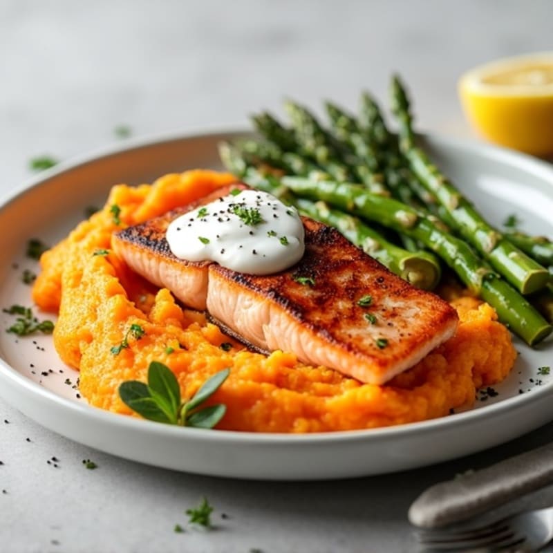 Seared Salmon Fillet with Roasted Asparagus and Sweet Potato Mash