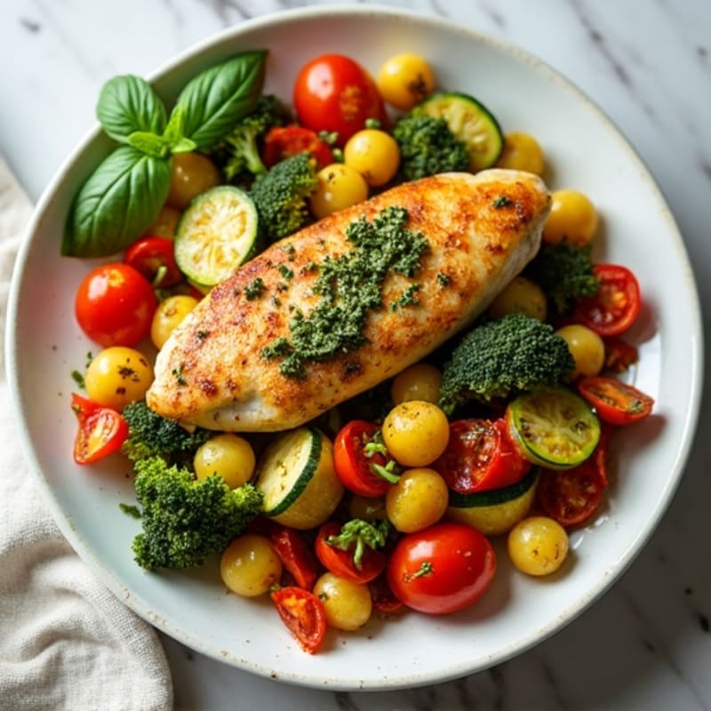 Sheet Pan Pesto Chicken and Crispy Gnocchi with Roasted Vegetables