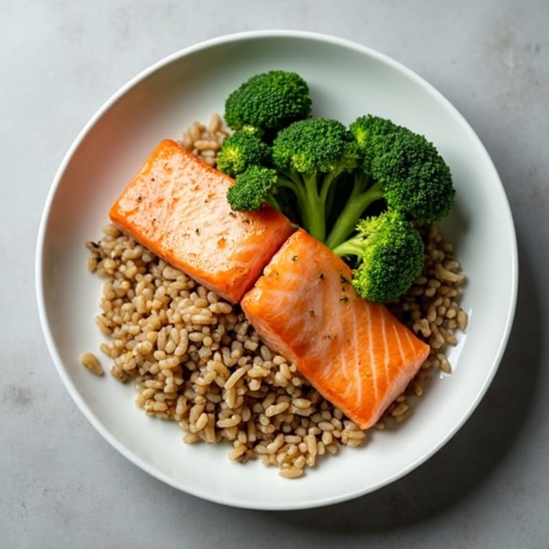 Seared Salmon with Steamed Broccoli and Brown Rice