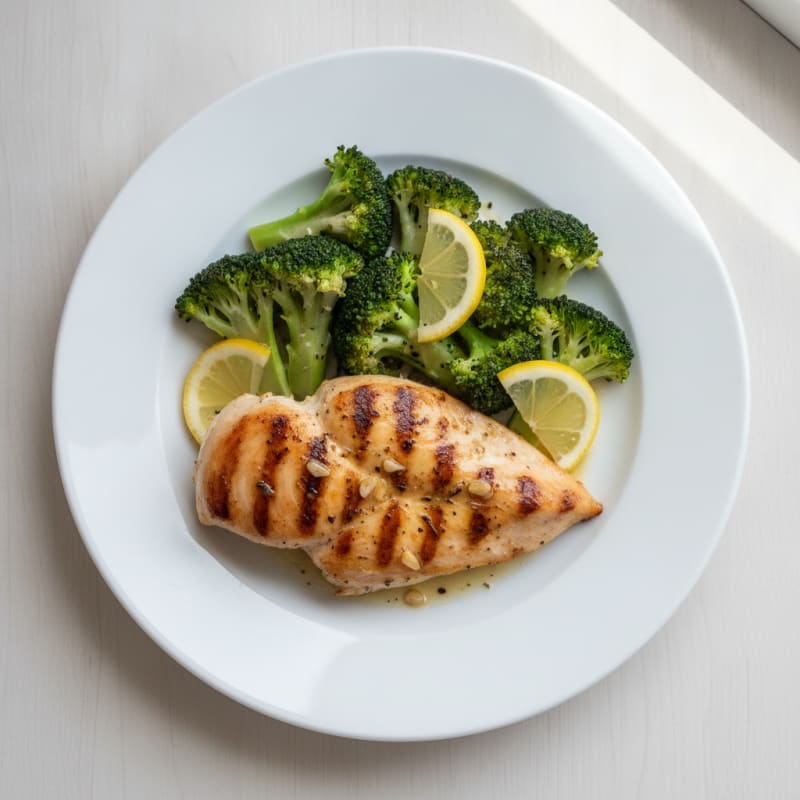 Grilled Chicken Breast with Steamed Broccoli and Lemon