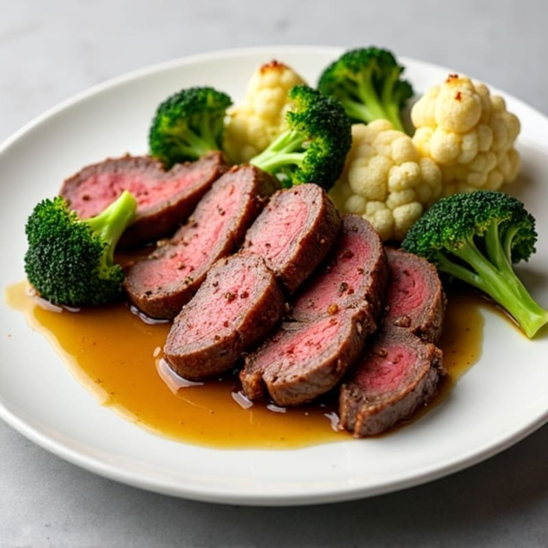 Seared Lean Beef Strips with Roasted Broccoli and Cauliflower