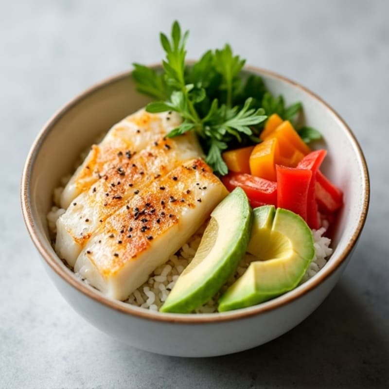 Seared White Fish Sushi Bowl with Avocado and Pickled Vegetables