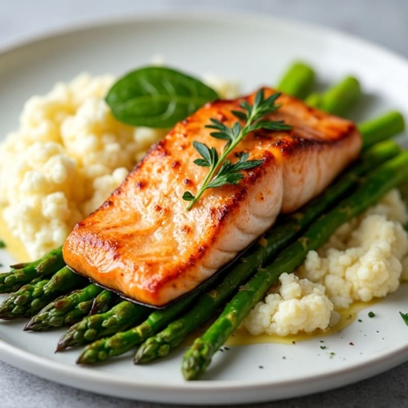 Seared Salmon with Steamed Asparagus and Garlic Mashed Cauliflower
