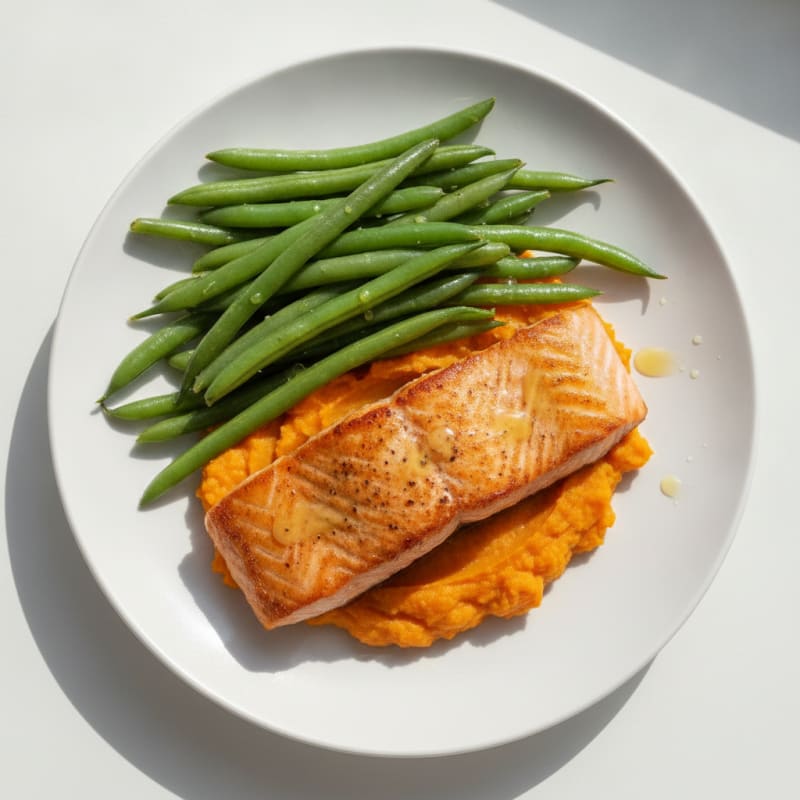 Seared Salmon with Steamed Green Beans and Sweet Potato Mash