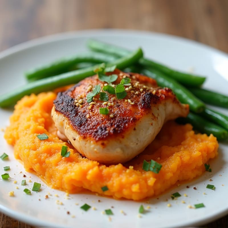 Seared Chicken Thighs with Steamed Green Beans and Sweet Potato Mash