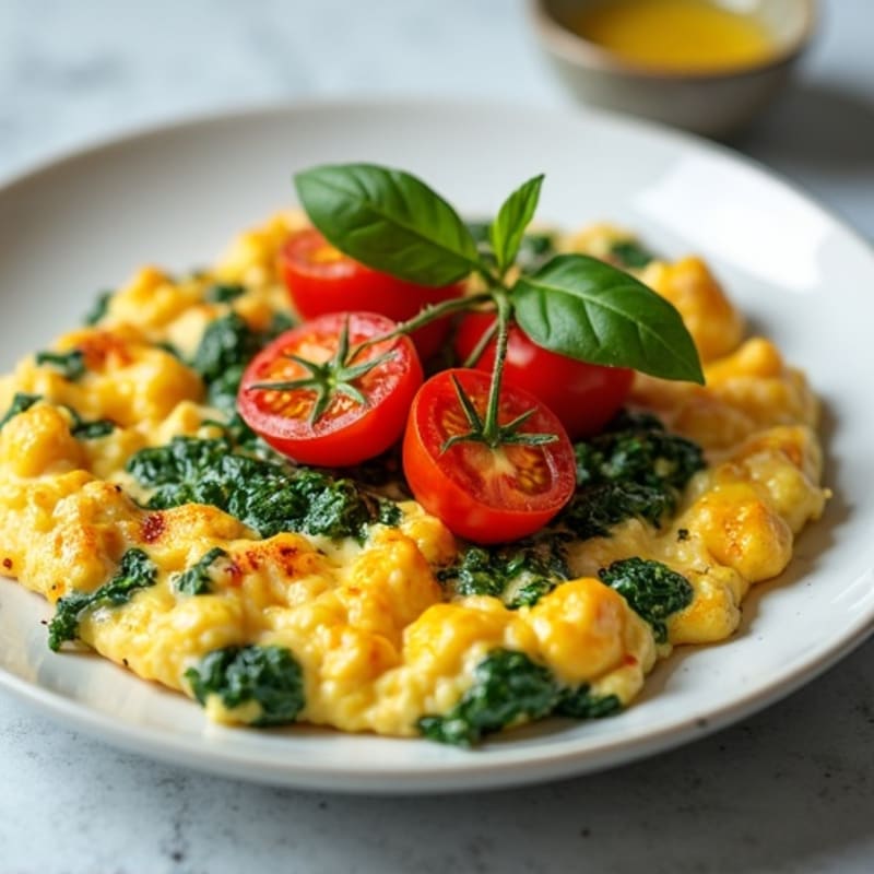 Fluffy Egg Scramble with Sautéed Spinach and Cherry Tomatoes
