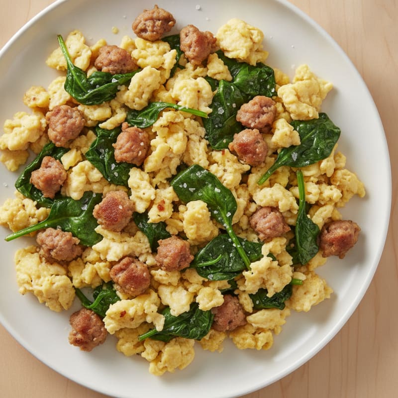 Scrambled Eggs with Turkey Sausage and Sautéed Spinach