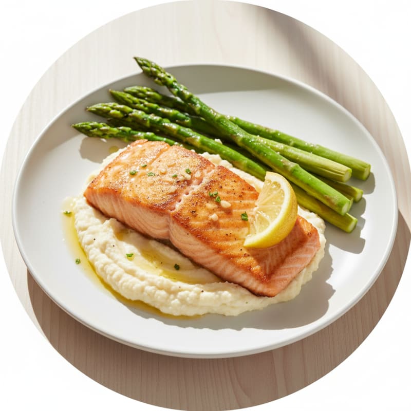 Seared Salmon with Steamed Asparagus and Cauliflower Mash