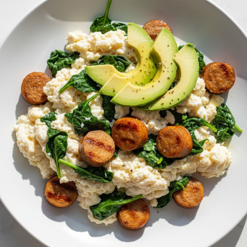 Egg White Scramble with Turkey Sausage and Spinach