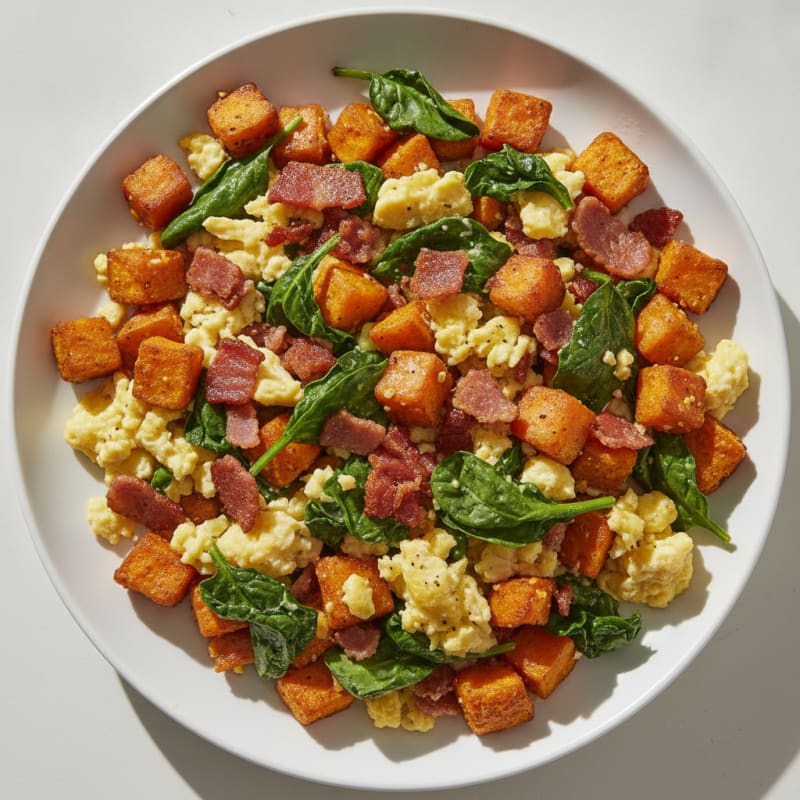 Crispy Turkey Bacon and Spinach Egg Scramble with Sweet Potato Hash