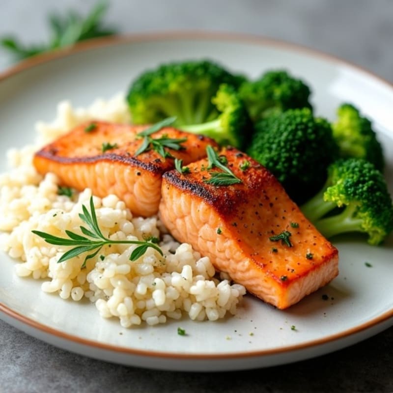 Seared Salmon with Herb Rice and Steamed Broccoli