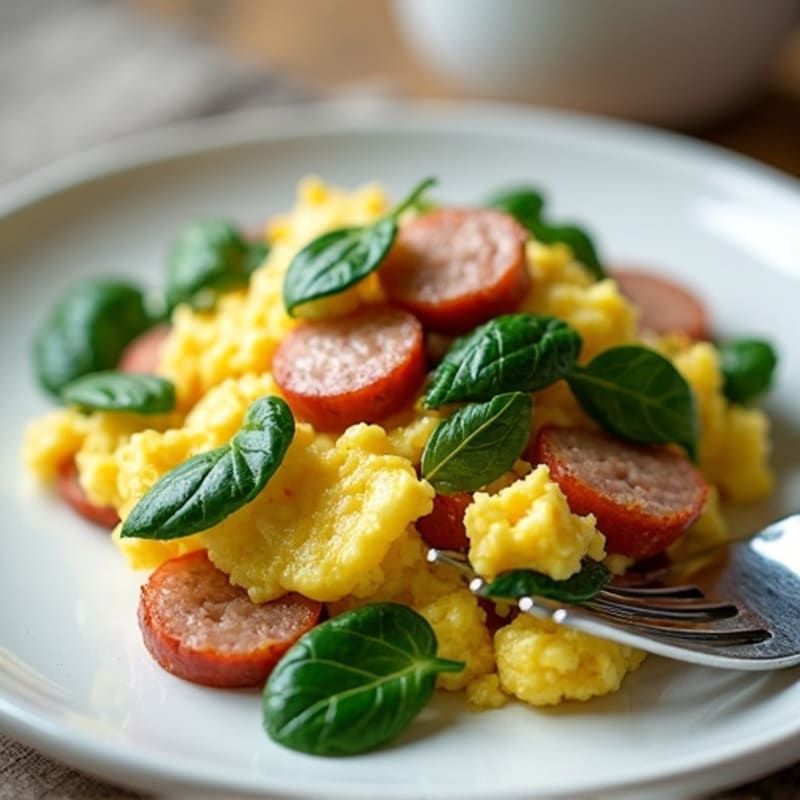Egg White and Turkey Sausage Scramble with Sautéed Spinach