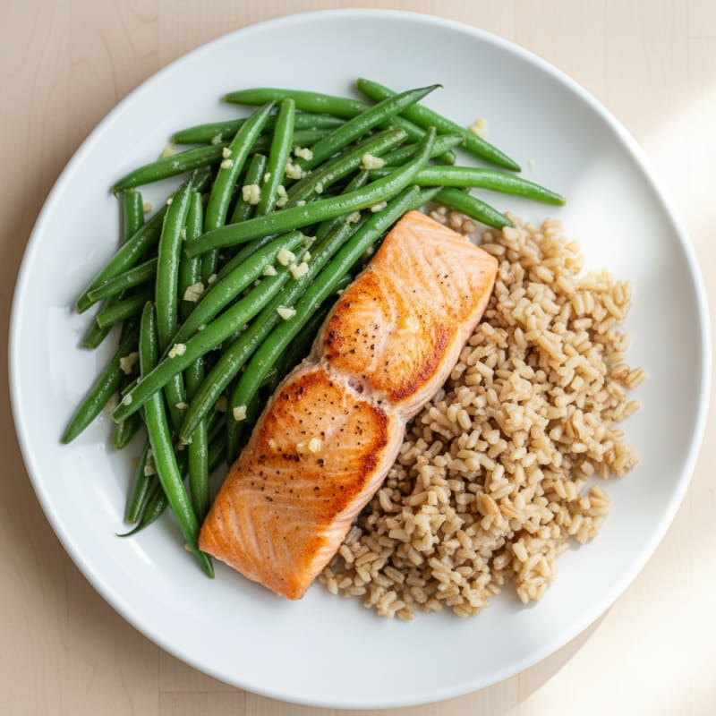 Seared Salmon with Garlic Green Beans and Brown Rice
