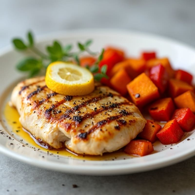 Citrus-Garlic Chicken Breast with Roasted Sweet Potatoes and Peppers