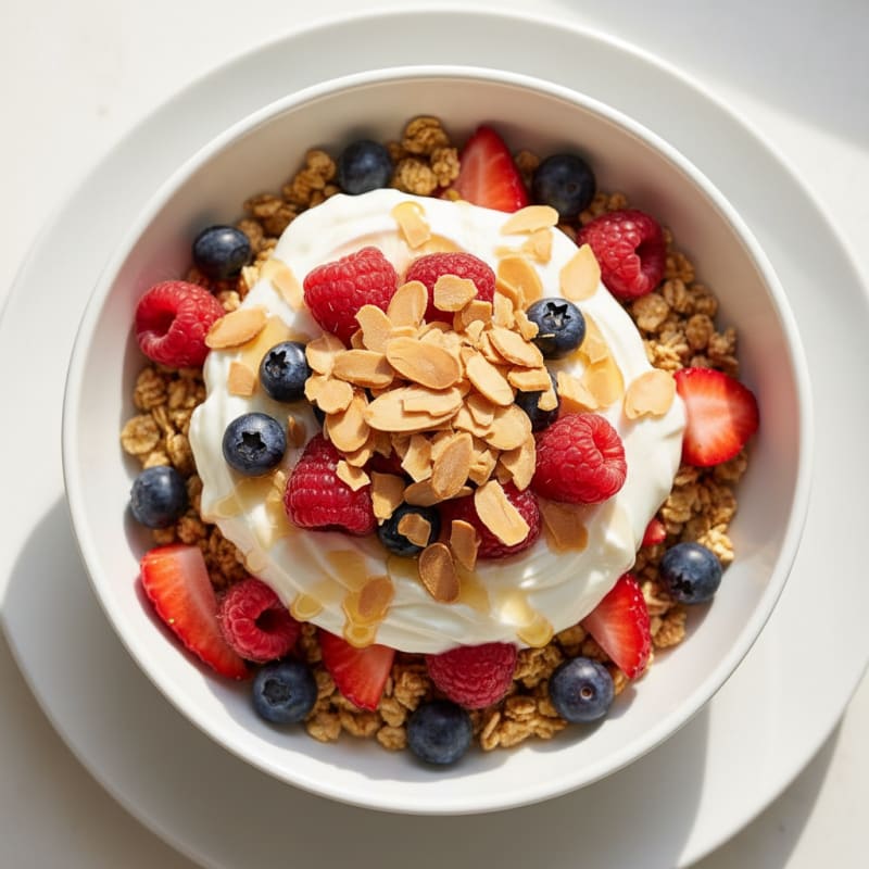 Greek Yoghurt Muesli Parfait with Mixed Berries and Almonds