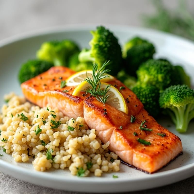 Seared Salmon with Steamed Broccoli and Herbed Quinoa
