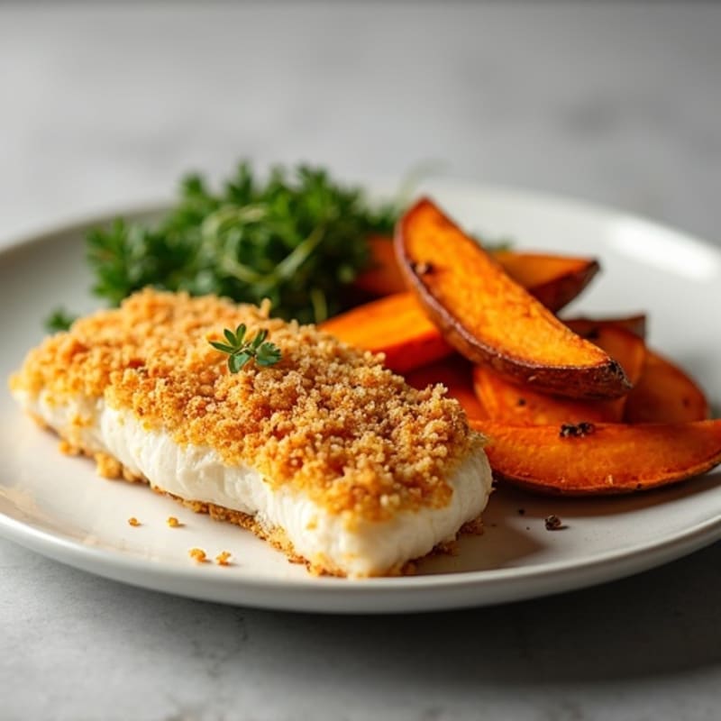 Crispy Baked Cod with Roasted Sweet Potato Wedges