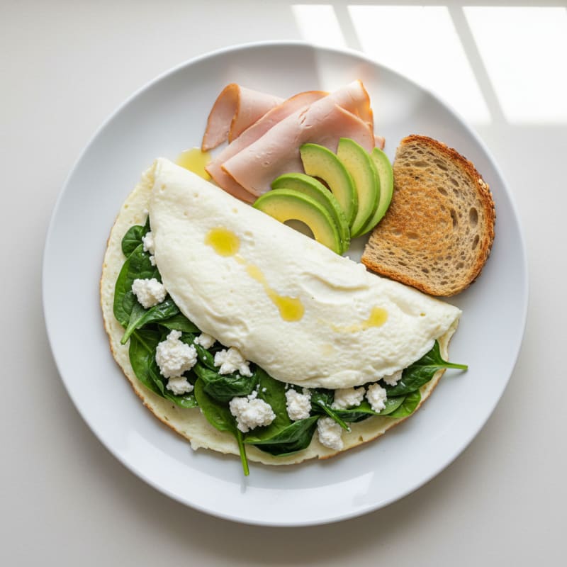 Egg White Spinach Omelet with Cottage Cheese and Sliced Turkey