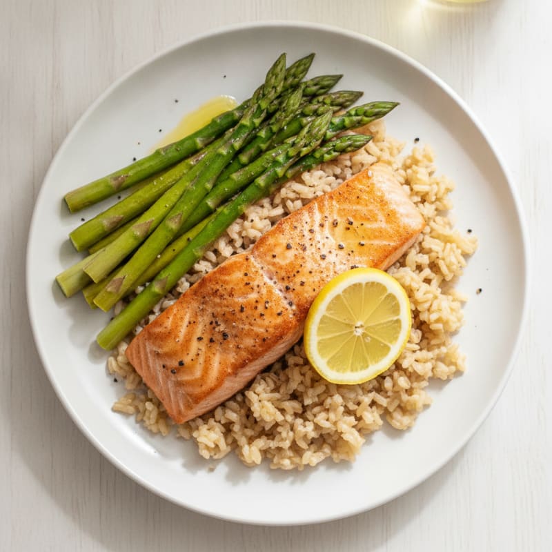 Seared Salmon Fillet with Steamed Asparagus and Brown Rice