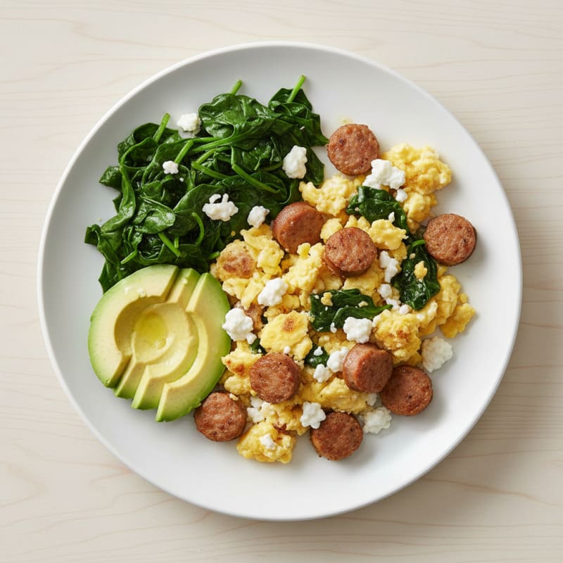 Cottage Cheese Scramble with Turkey Sausage and Sautéed Spinach