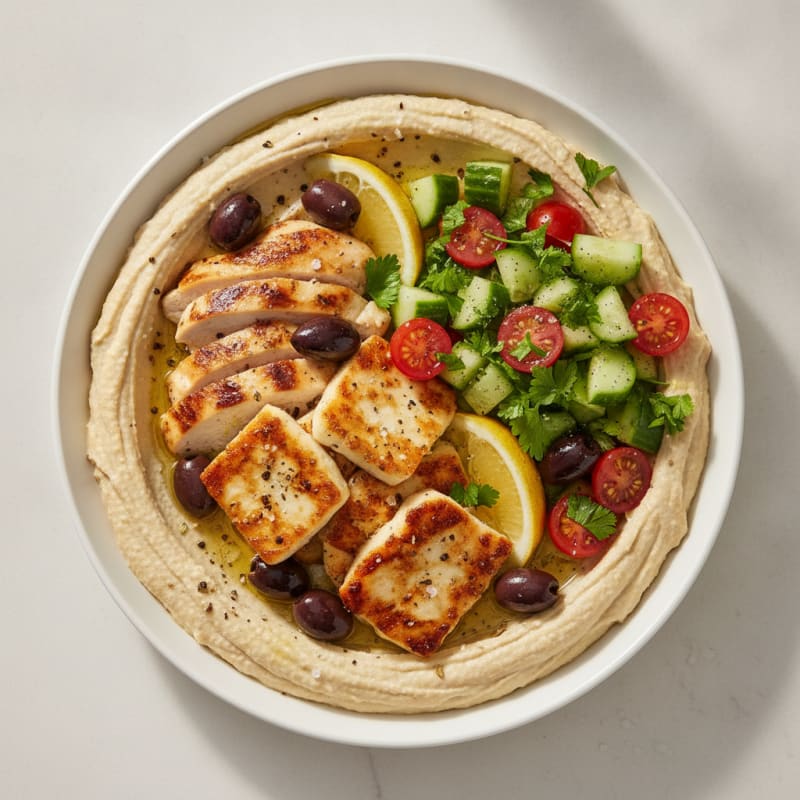 Hummus Platter with Grilled Halloumi and Olives