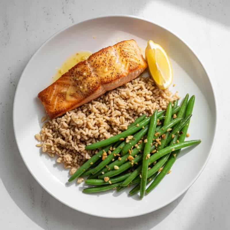 Seared Salmon Fillet with Garlic Green Beans and Brown Rice