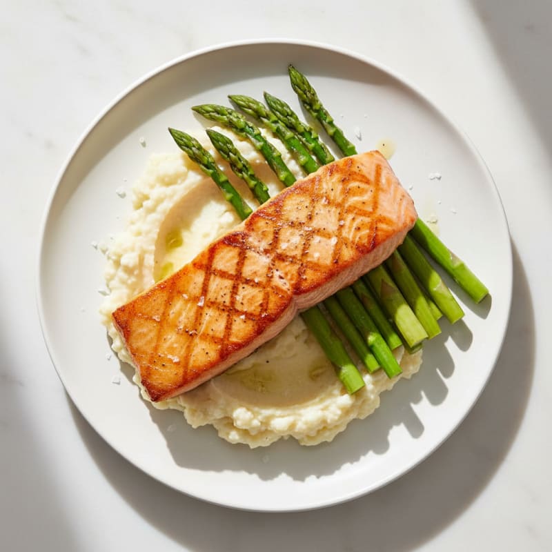 Seared Salmon with Steamed Asparagus and Cauliflower Mash