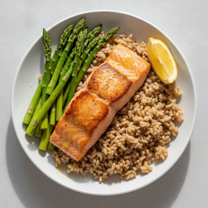 Seared Salmon with Steamed Asparagus and Brown Rice