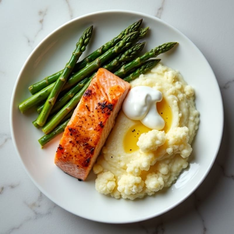 Seared Salmon with Steamed Asparagus and Cauliflower Mash