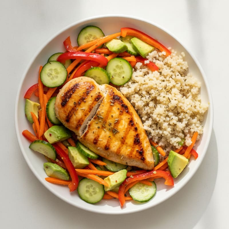 Grilled Chicken Breast with Quinoa and Crunchy Vegetable Salad