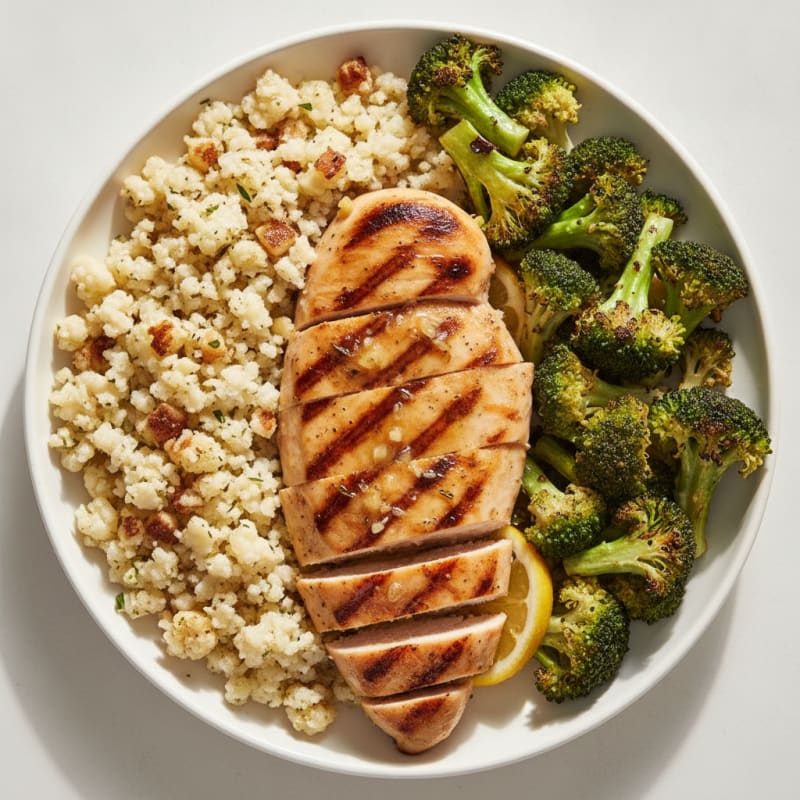 Grilled Chicken Breast with Roasted Broccoli and Cauliflower Rice
