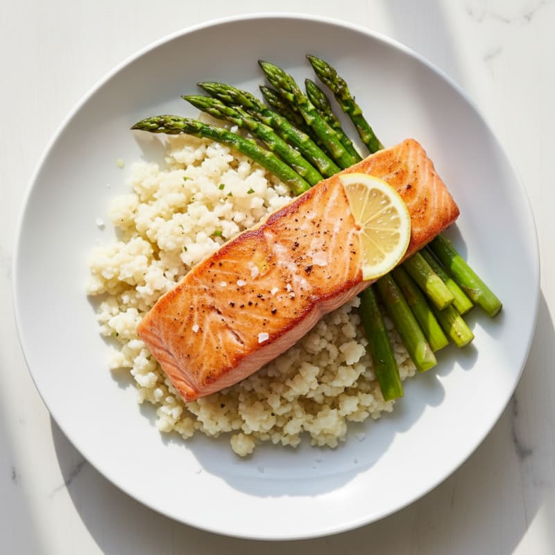 Seared Salmon with Roasted Asparagus and Cauliflower Rice