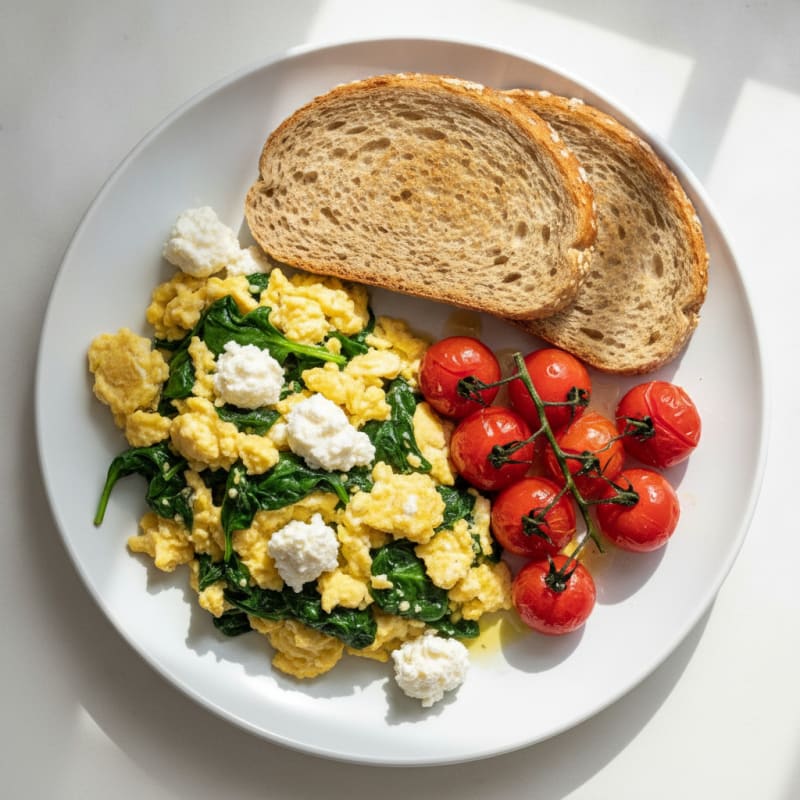 Egg White Spinach Scramble with Cottage Cheese and Cherry Tomatoes