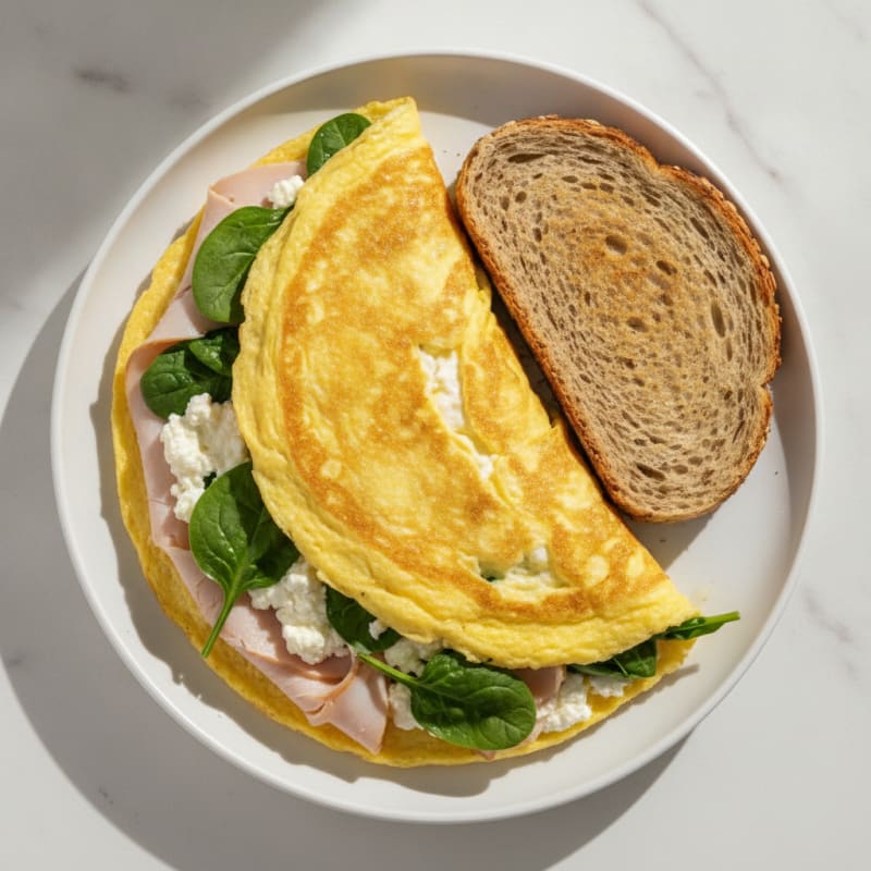 Egg White Spinach Omelette with Cottage Cheese and Sliced Turkey