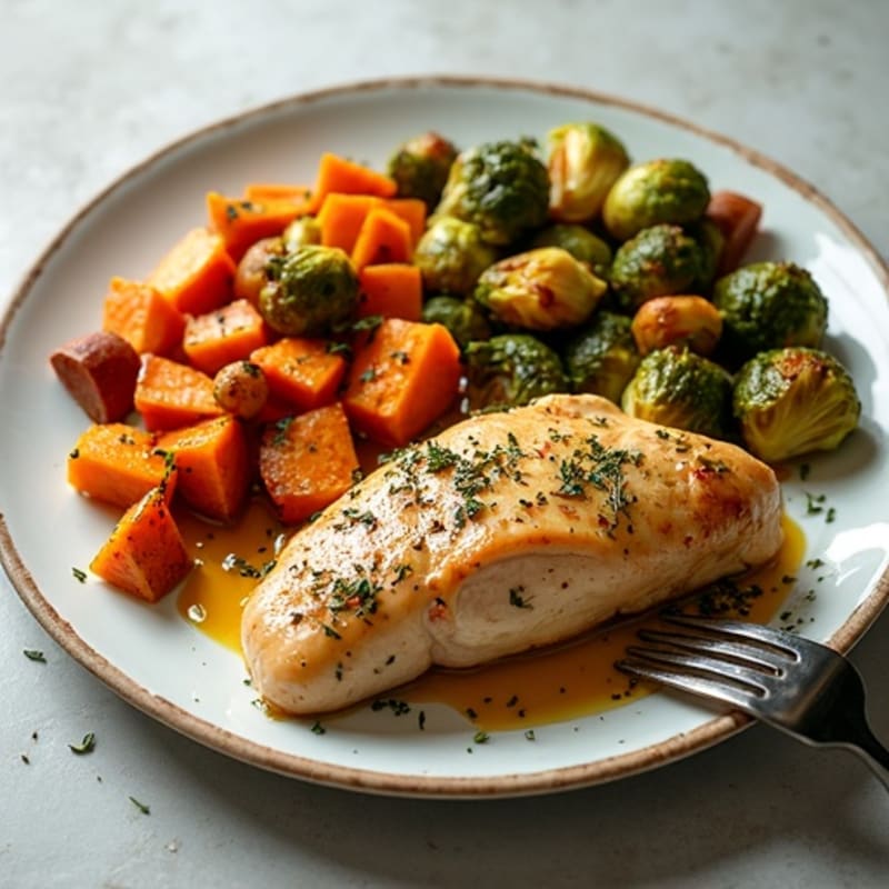 Sheet Pan Herb-Roasted Chicken with Sweet Potatoes and Crispy Brussels Sprouts