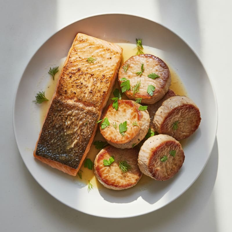Pan-Seared Salmon with Juicy Pork Tenderloin Medallions