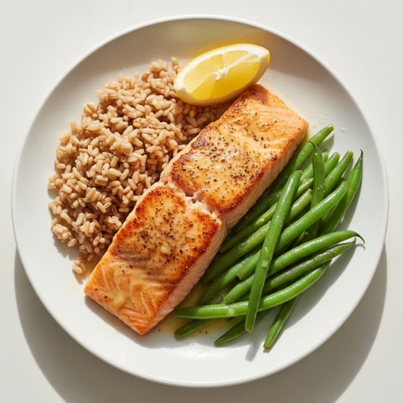 Seared Salmon with Steamed Green Beans and Brown Rice