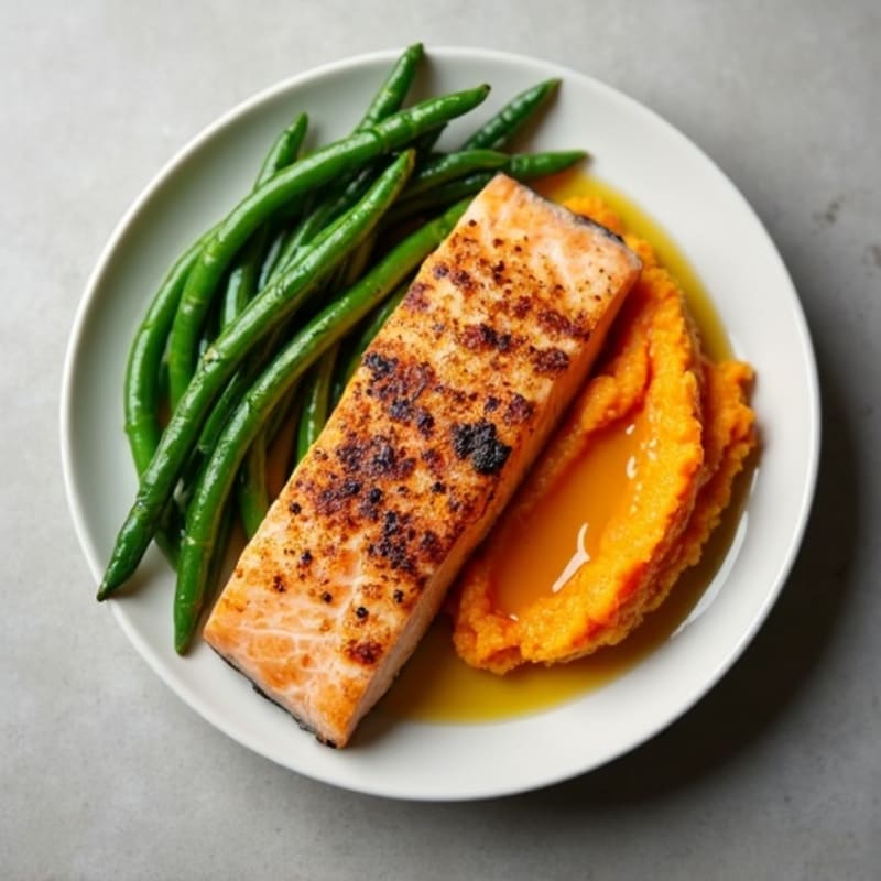 Seared Salmon with Steamed Green Beans and Mashed Sweet Potato