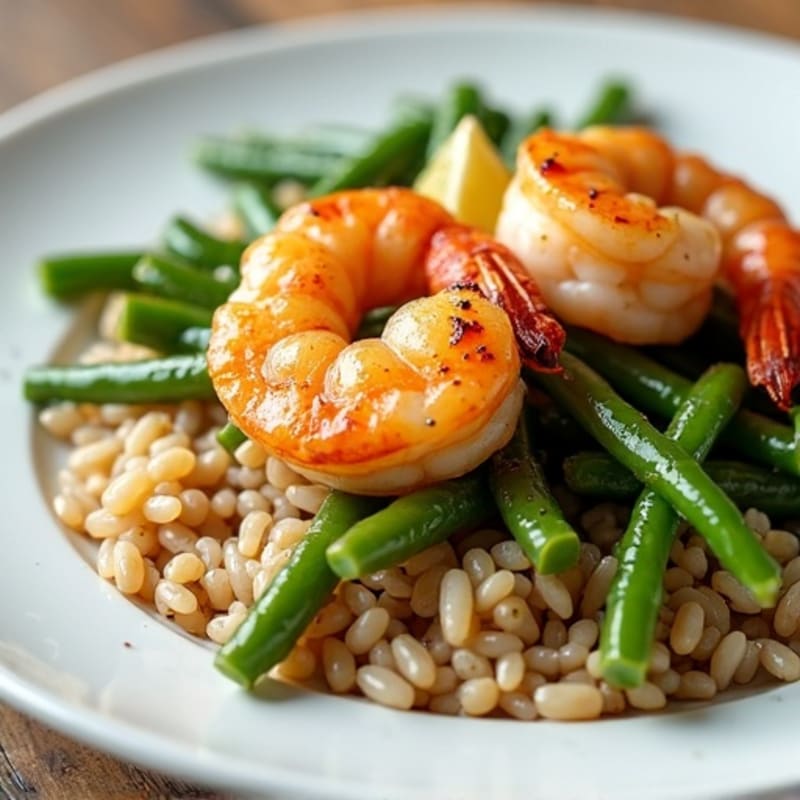Seared Shrimp with Garlic Green Beans and Brown Rice