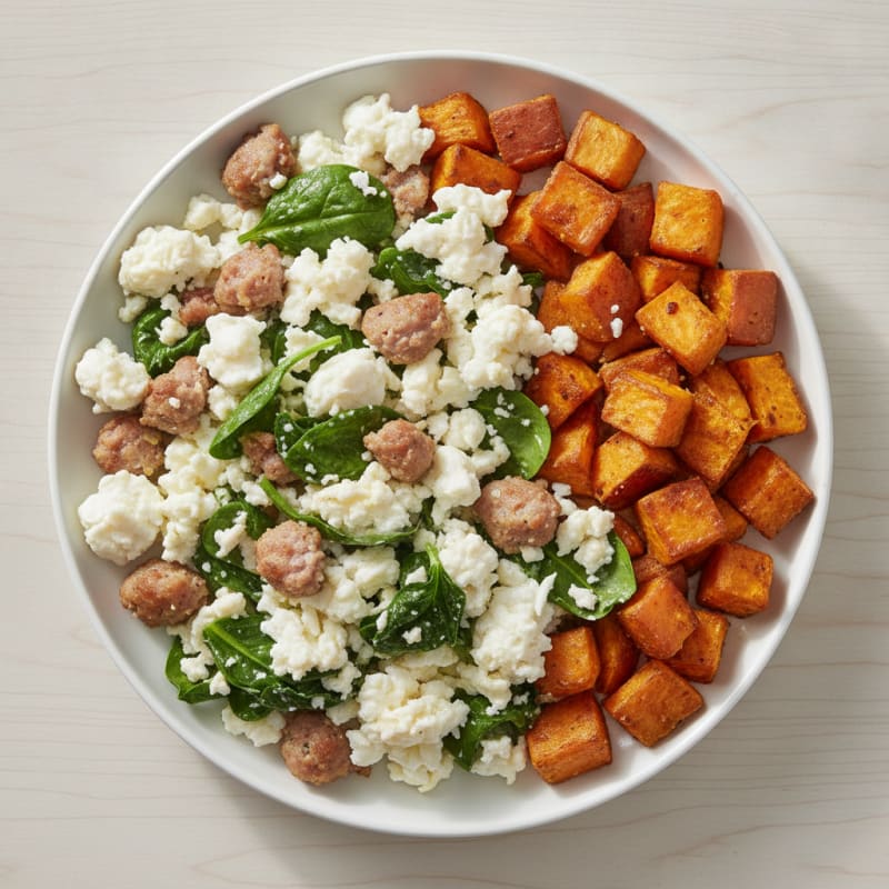 Egg White and Turkey Sausage Scramble with Spinach and Roasted Sweet Potato