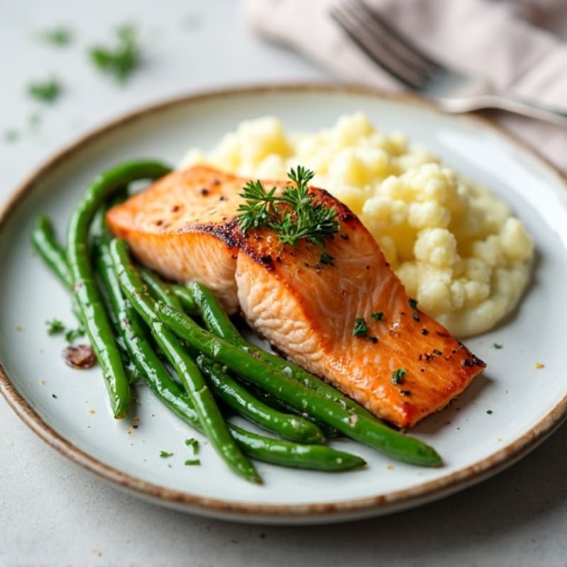 Seared Salmon with Steamed Green Beans and Cauliflower Mash