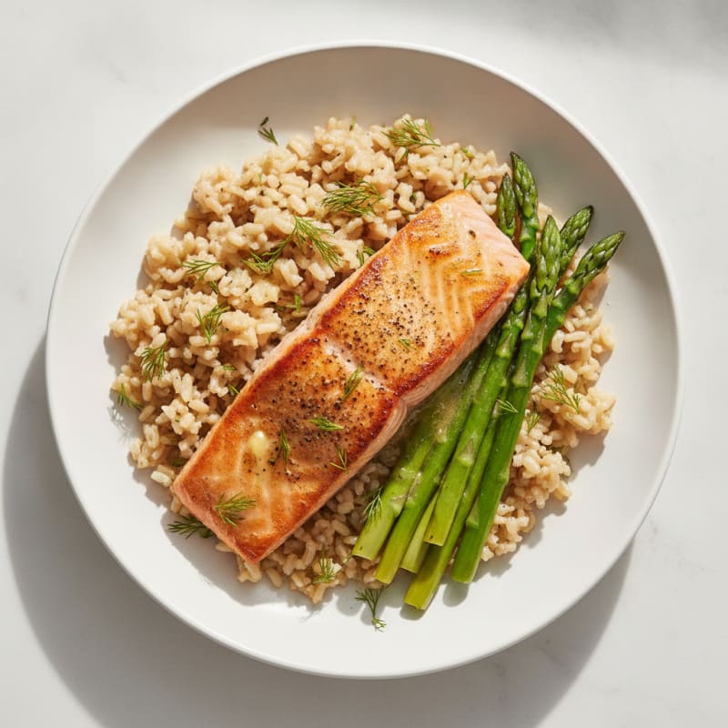 Seared Salmon Fillet with Steamed Asparagus and Herb Brown Rice