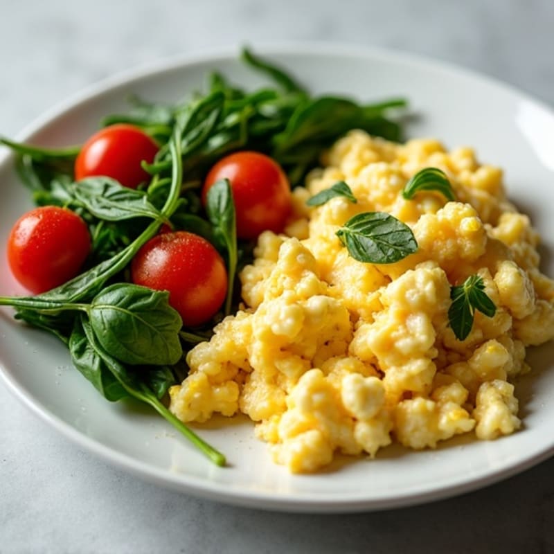 Fluffy Egg Scramble with Sautéed Greens and Cherry Tomatoes