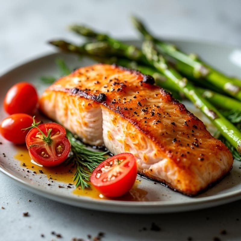 Sheet Pan Crispy Salmon with Roasted Asparagus and Cherry Tomatoes