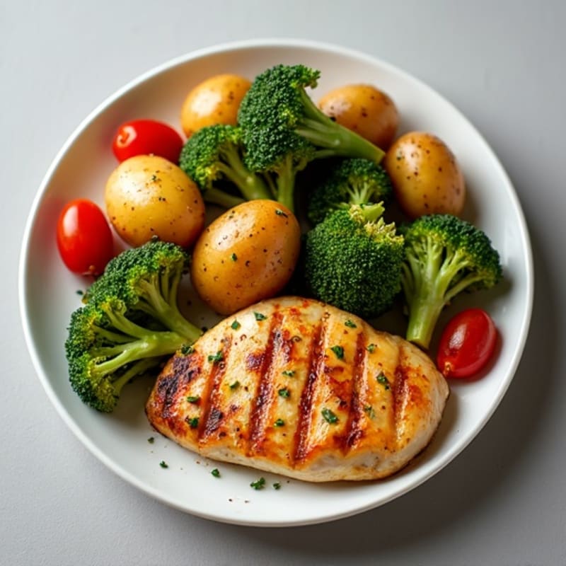 Oven-Roasted Baby Potatoes with Garlic Broccoli, Sautéed Tomatoes & Grilled Chicken
