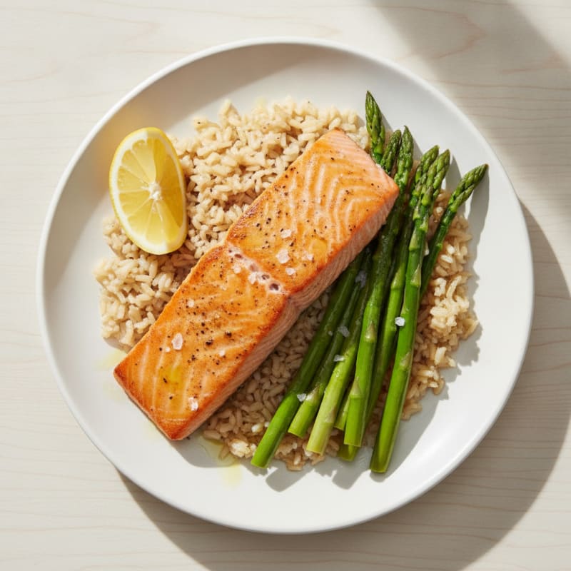Seared Salmon with Steamed Asparagus and Brown Rice
