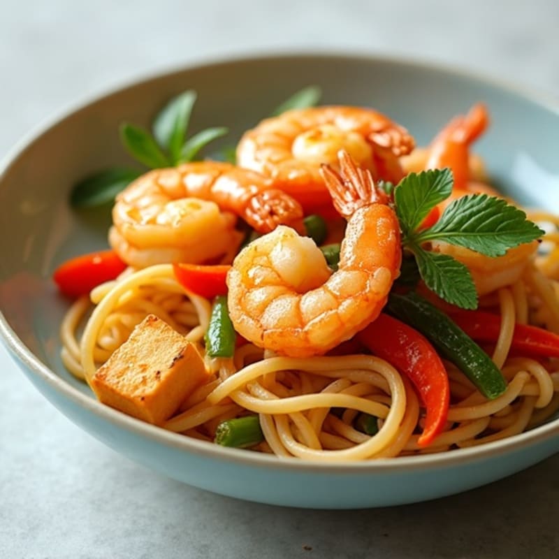Pan-Seared Shrimp with Peanut Lime Noodles and Fresh Vegetables