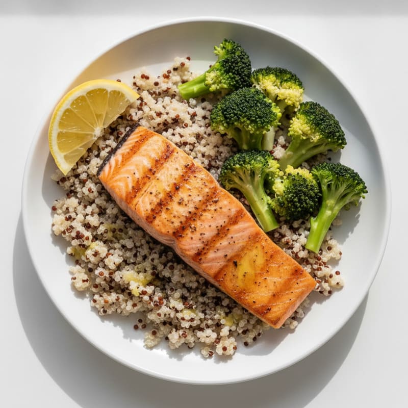 Seared Salmon with Steamed Broccoli and Quinoa